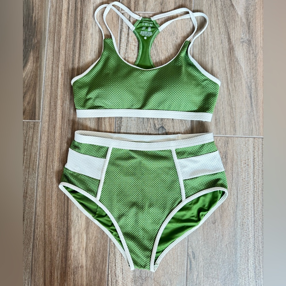 DownEast Green and White High-Waist Sport Bikini Set